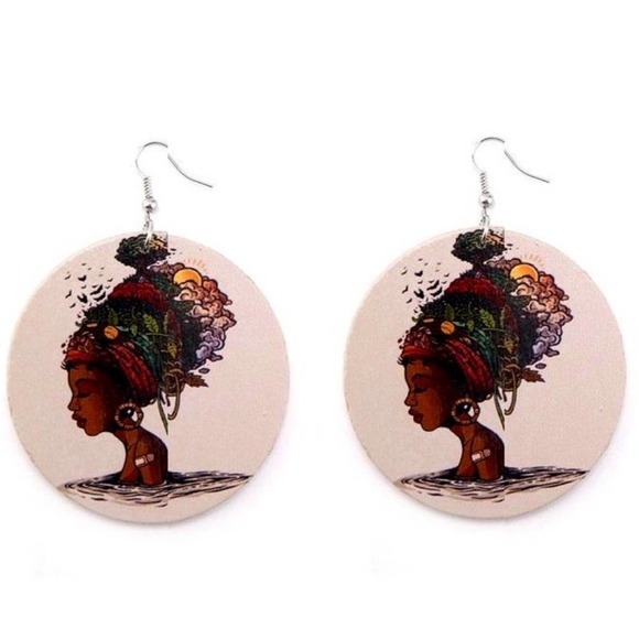 Vintage Red Hens Jewelry - Mother Earth Round Wood Earrings